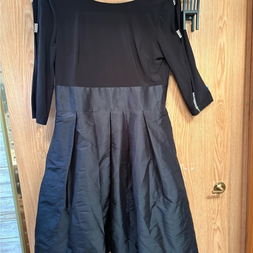 Adrianna Papell Black Backless Taffeta Dress w slit rhinestone sleeves